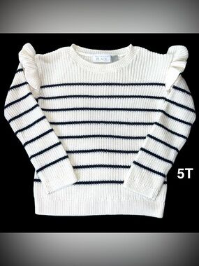 EUC, Toddler Girl Long Sleeve Striped Flutter Sweater Size 5T. Black and white